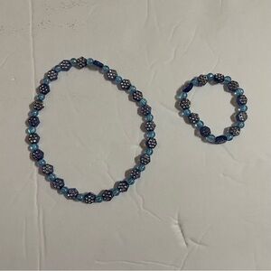Vintage Stretchable Girls Blue Beaded Necklace and Bracelet